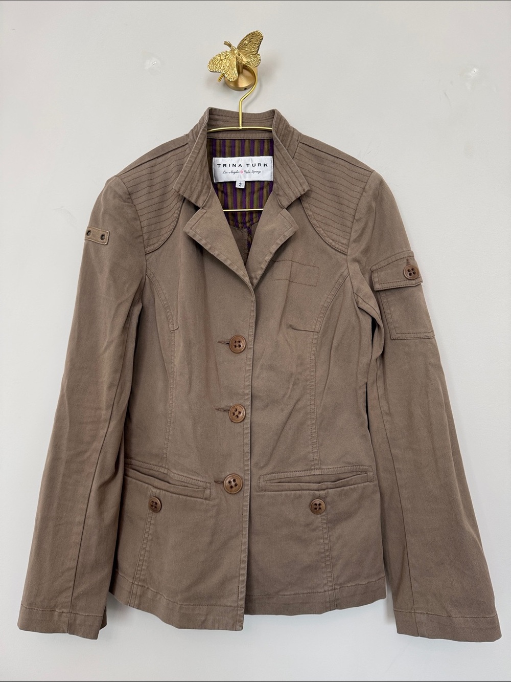 Vintage TRINA TURK Khaki Twill Lightweight Cotton Utility Jacket Size 2